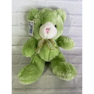 Vintage KCEE toys Green Sparkle Gold With Bow Stuffed Animal Plush Teddy Bear